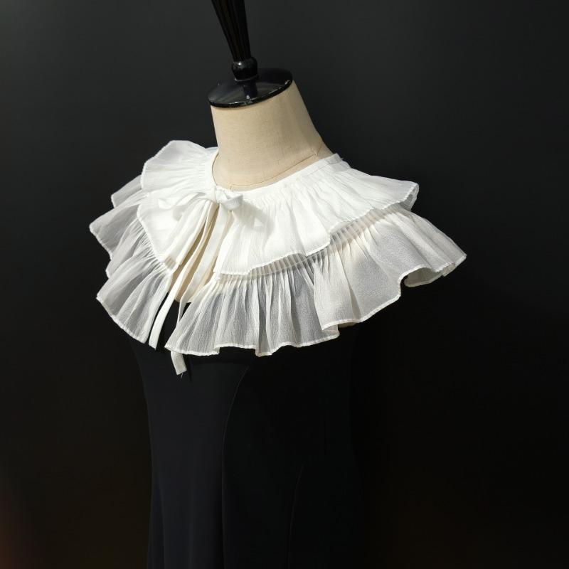 Double-layered Lace-edged Ruffled White Chiffon Shawl with A False Collar