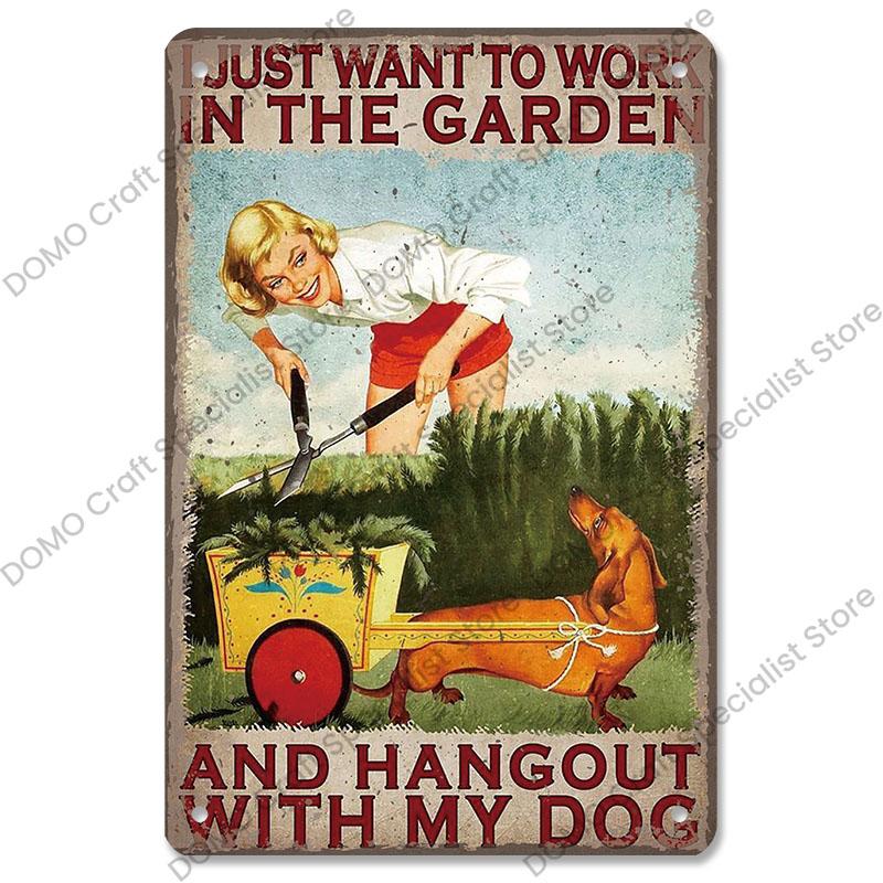 Gartenplaketten, Vintage-Metallblechschilder, Katze, Hund, Sonnenblumen, Mädchen, Metallplatte, Blumenladen, Herrenhaus, Wohnzimmer-Wanddekoration