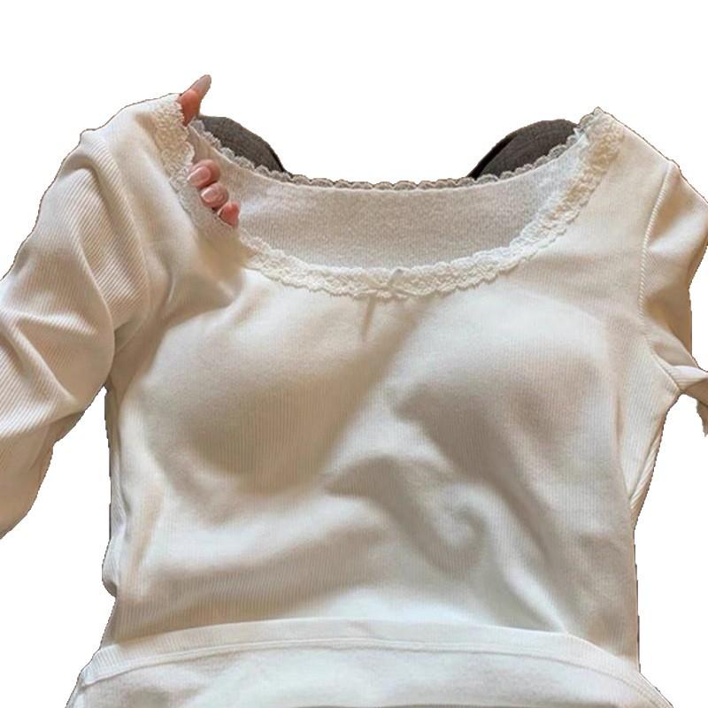Women's Slim Fit Lace Trim Long Sleeve Plush T-shirt for Autumn/Winter
