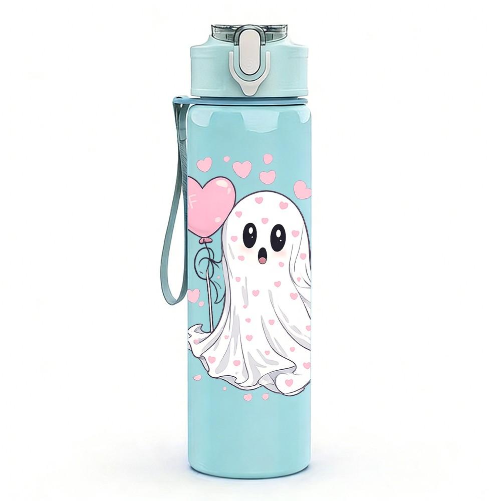 1PC Little White Ghost With Heart Print 750ml Color Plastic Sports Water Bottle Leakproof Flip Straw Lid Suitable for Sports Office Home Use