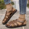 Large size woven one-word buckle belt hollow flat sandals summer new comfortable versatile Roman sandals