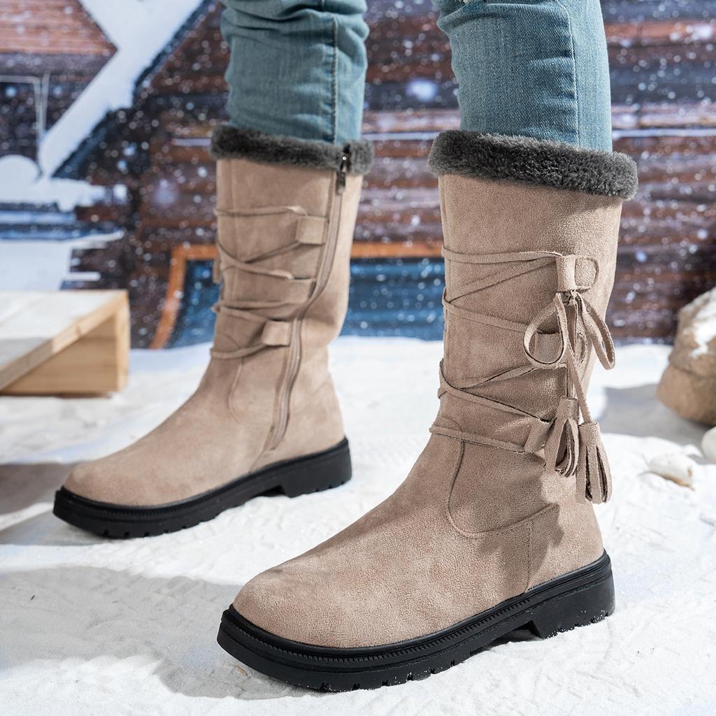 Women's soft elastic winter warm cold padded tassel snow boots non-slip wear outdoor leisure sports leather mid-calf cotton boots