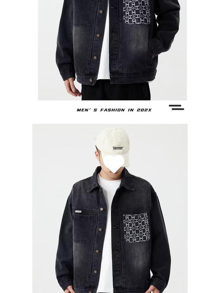 Men's Autumn Patchwork Denim Jacket: Precision Embroidery, Loose Fit, Plus Size Workwear Design.