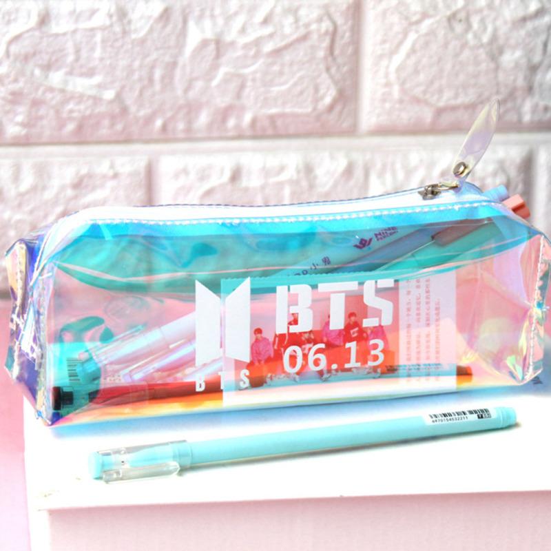 Bts Pencil Case Stationery Box Laser Transparent Large Capacity Primary School Universal Storage Bag
