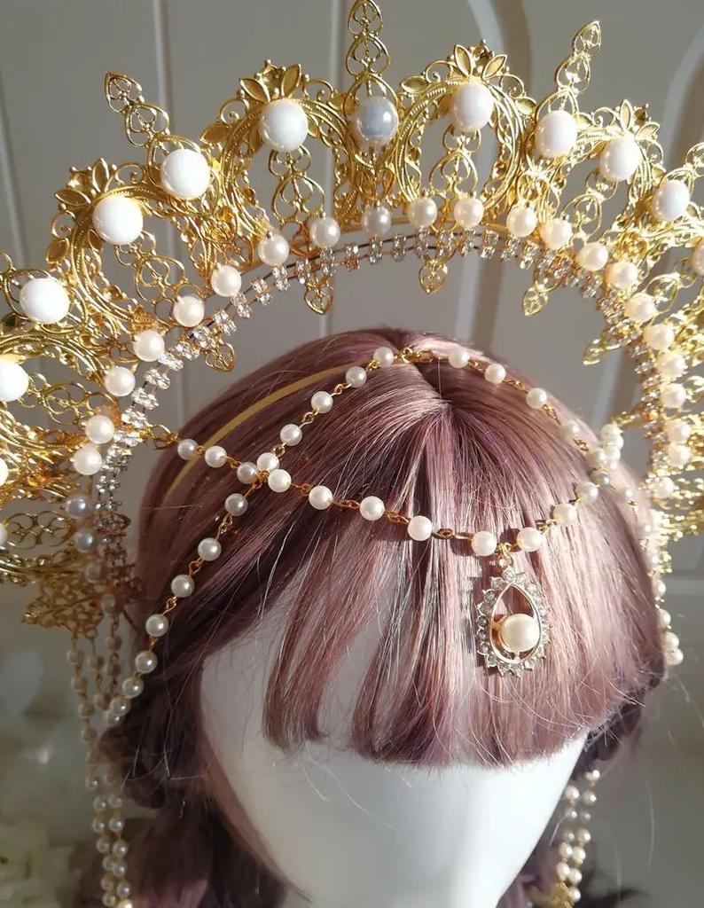 Halo Headpiece Goddess Mary Angels Gold Crown Beading Headband Lolita Hair Hoop Gorgeous Christmas Halloween Wedding Headdress