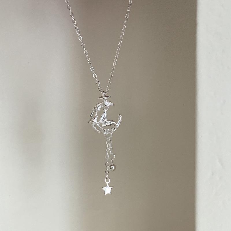 Korean Style Delicate Moon Butterfly Tassel Collarbone Necklace