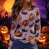 Women's Halloween Print Long Sleeve Round Neck Top with Hem Slits for Casual Fall Outings