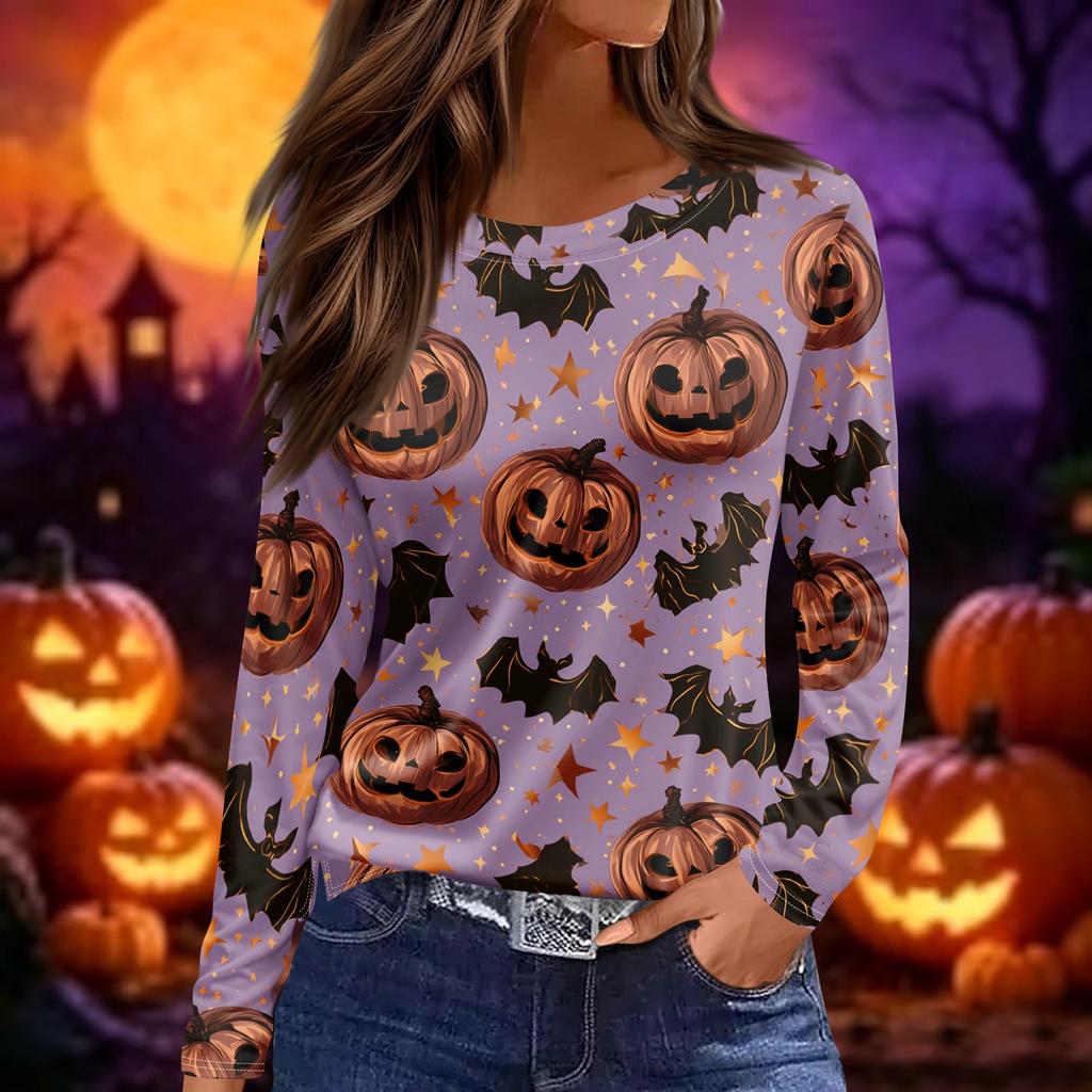 Women's Halloween Print Long Sleeve Round Neck Top with Hem Slits for Casual Fall Outings