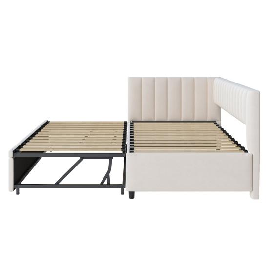 Multifunctional Sofa Bed L-Shaped with Pull-Out 90/180x200cm Upholstered In Velvet Fabric Space-Saving Design for Children Bed Guest Beige