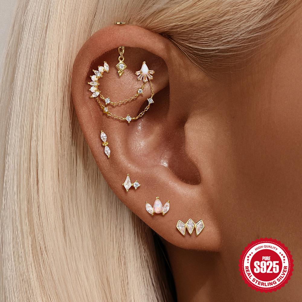 S925 Sterling Silver Fashion Water Drop Opal Horse Eye Flat Bottom Piercing Nails Women'S Universal Earbone Stud Earrings