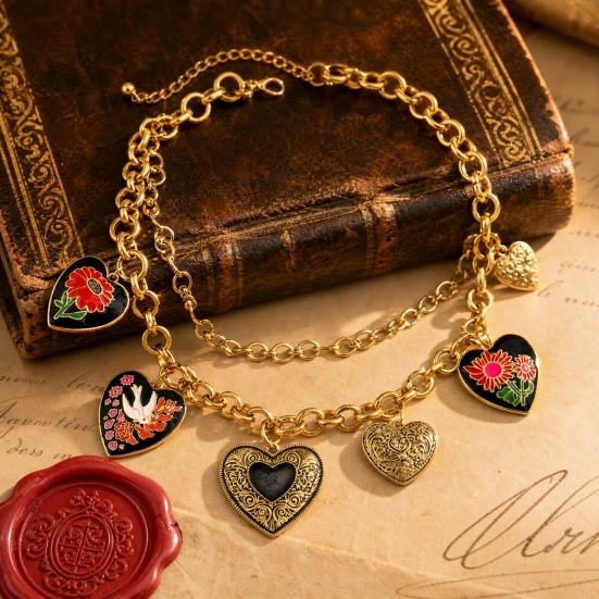Collana Charms Cuore Floreale, Collana a Doppio Strato, Collana Choker a Catena Vintage, Anello Ovale con Finto Diamante, Collana con Ciondoli Cuore Smaltato, Gioielli di Moda