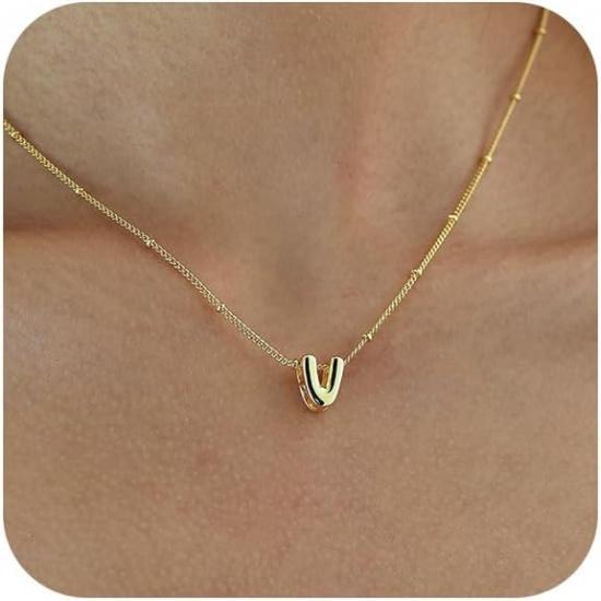 Bubble Letter Necklace Gold, Dainty Initial Necklaces for Women 14K Gold Plated Small A to Z Name Necklace Personalized Simple Initial Pendant Cute