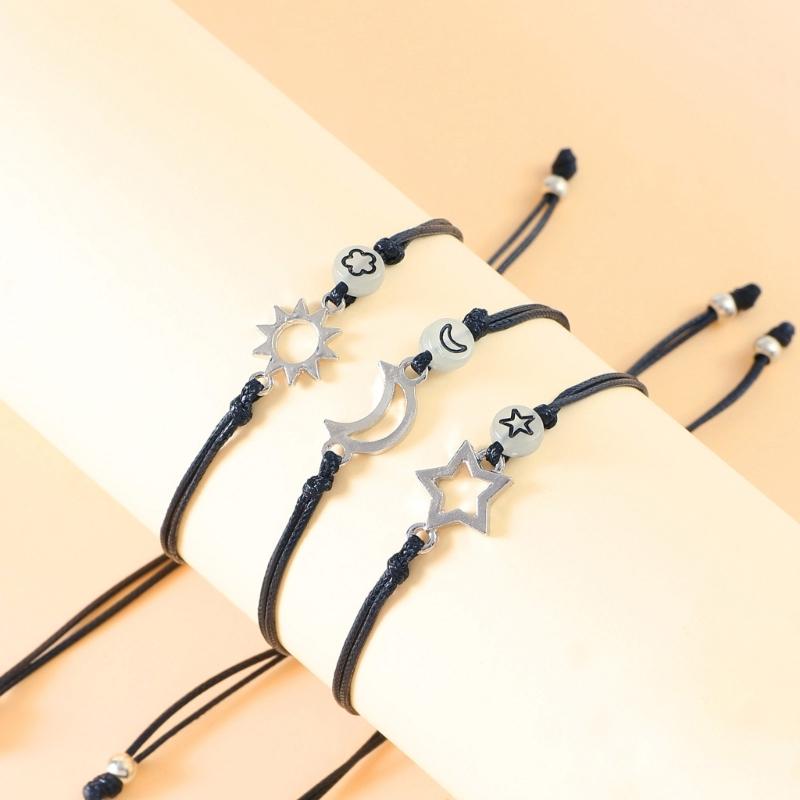 Måne Sol Stjärna Ljusande Pärlarmband Relationsflätade Armband Justerbara Vänskaps Smycken för 3 Bästa Vänner