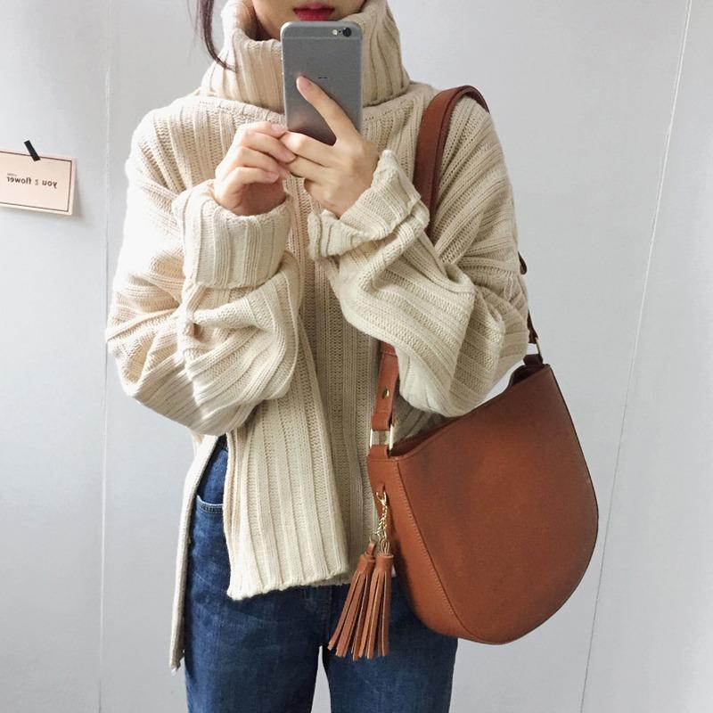 

Autumn Winter Turtleneck Casual Pullover Sweater Women Fashion Long Sleeved Casual Elegant Loose Knitted Solid Split Simple Office Knit Tops Clothing one size абрикосовый