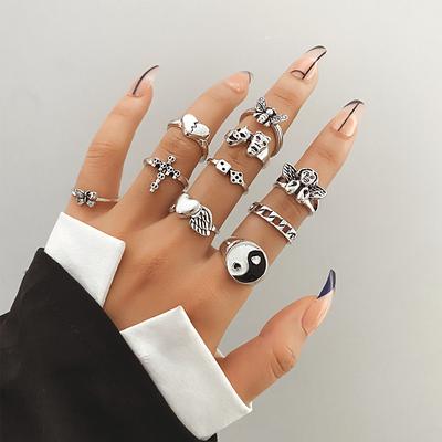 Ensemble de bagues en forme d'ange et de papillon, 10 pièces, ajouré, squelette Tai Chi, croix sculptée, bijoux