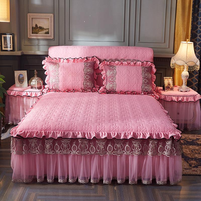 Luxe Kant Verdikte Sprei Effen kleur Huis Bedrok met Kussensloop Hoeslaken rok Borduurwerk Europese stijl Spreien 180x220cm 3pcs
