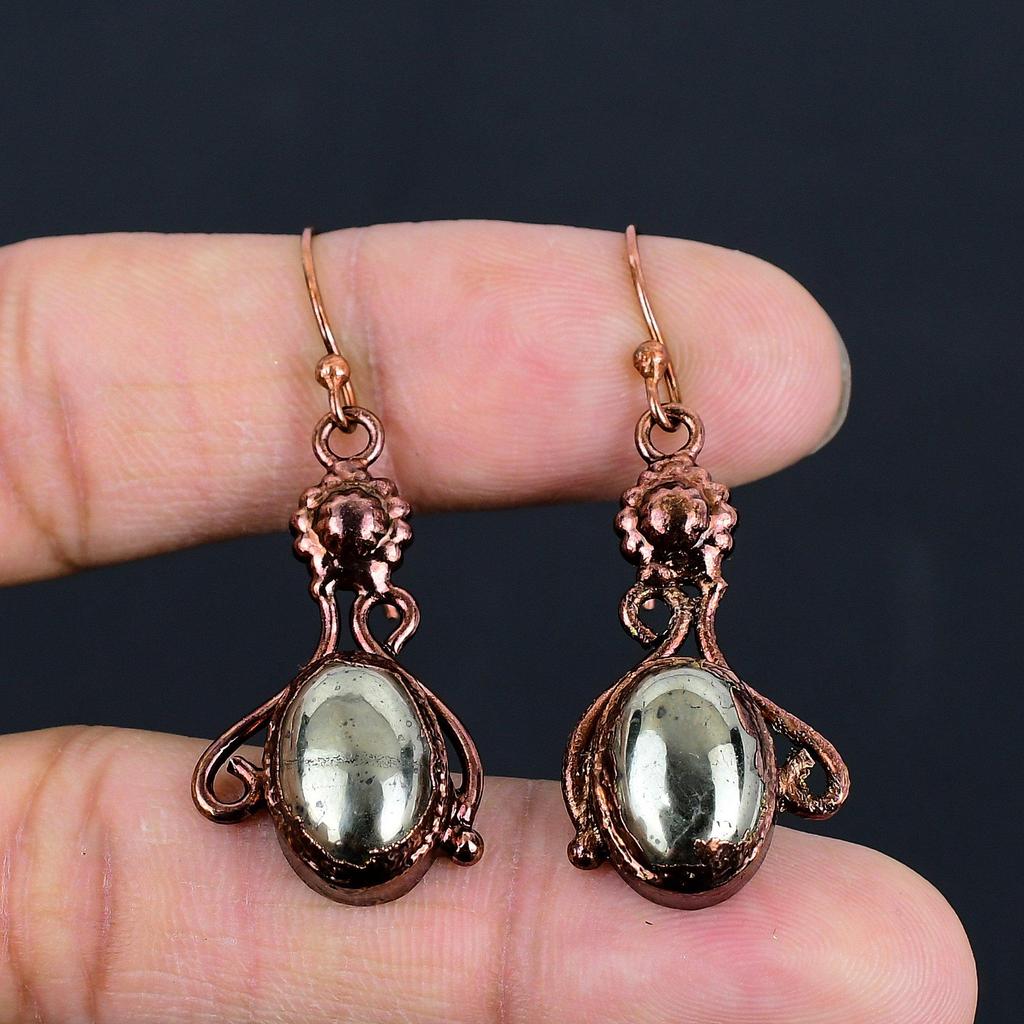 Golden Apache Pyrite Earrings, Copper Electroformed Jewelry, Gemstone Earrings Gift For Her Handmade Dainty Jewelry