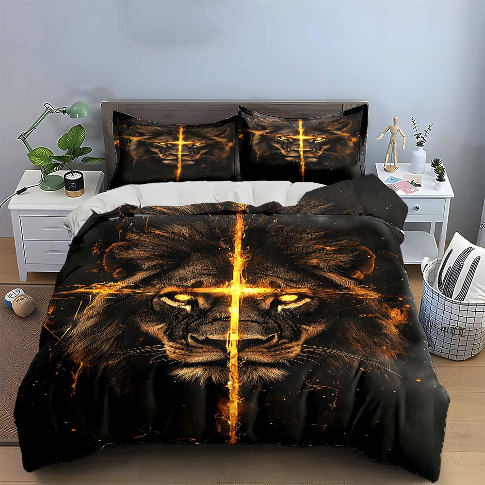 Fiery Lion Face with Cross Bedding Duvet Cover Set (1*Duvet Cover 2*Pillowcases, Without Duvet Insert)