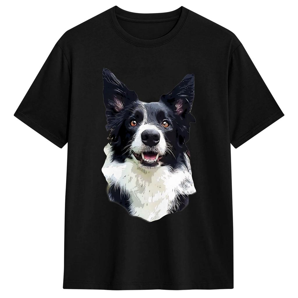 Funny Border Collie Face Portrait Pure Cotton T Shirt For Couple Beach Y2K TShirts ONeck Harajuku Tees Oversized Clothes