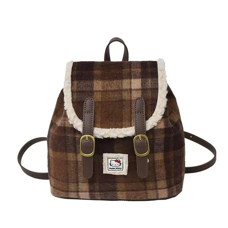 Plush Backpack With Vintage Plaid Design For Daily Use