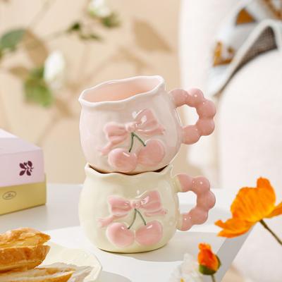 Hand-Squeezed Hand-Painted Relief Pink Cherry Mug High Value Cute Ins Style Girl Design Ceramic Water Cup