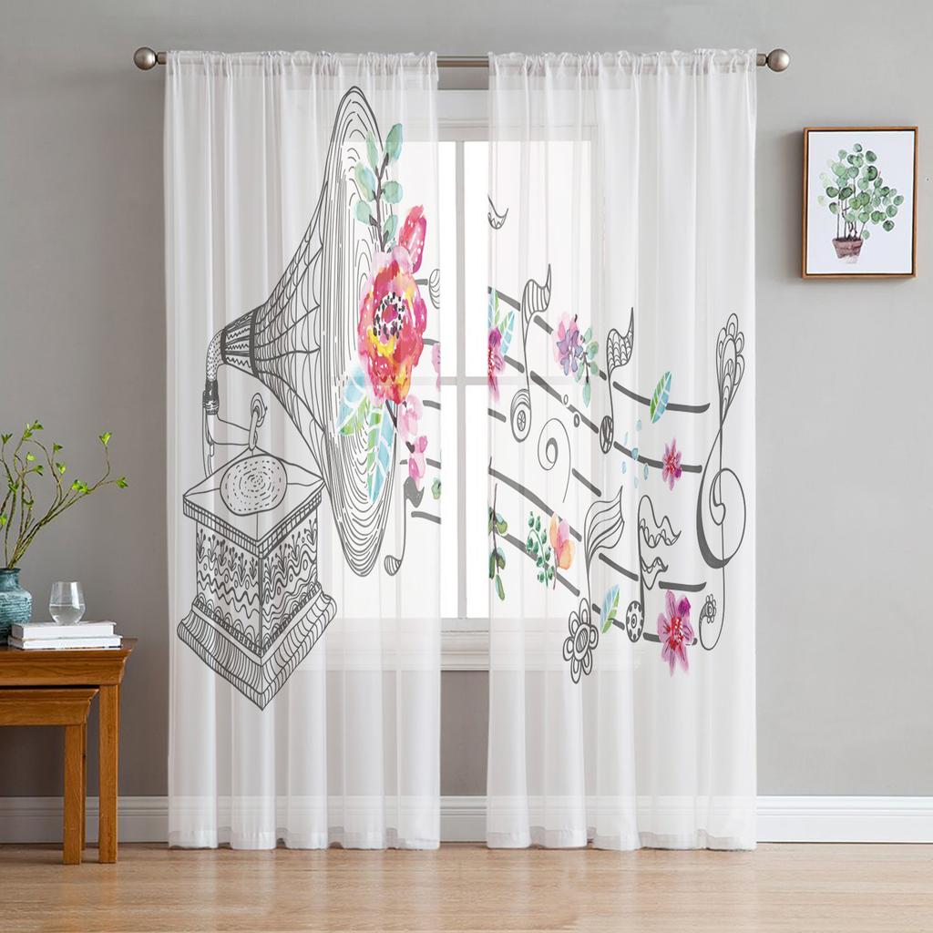 Retro Music Poster With Vinyl Gramophone Chiffon Sheer Curtains for Living Room Bedroom Window Curtain Voiles Tulle Cortinas