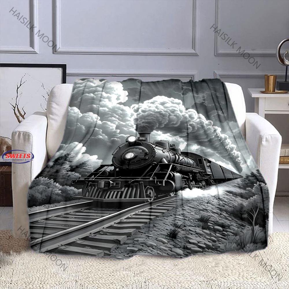 3D Vintage Train Print Flannel Queen Blanket - Soft Cozy Blanket for Couch, Sofa, or Bed, Office Travel Camping Holiday Gifts