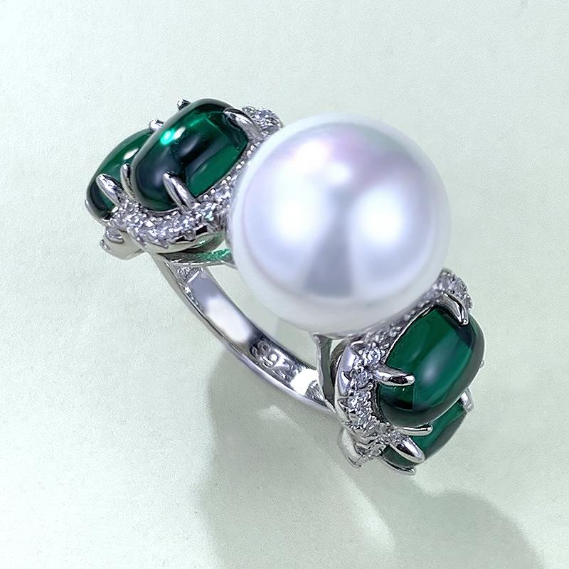 Xiancan 023 S925 Silver 12mm Shell Pearl Ring with Simulated Emerald, Women's European & American Style