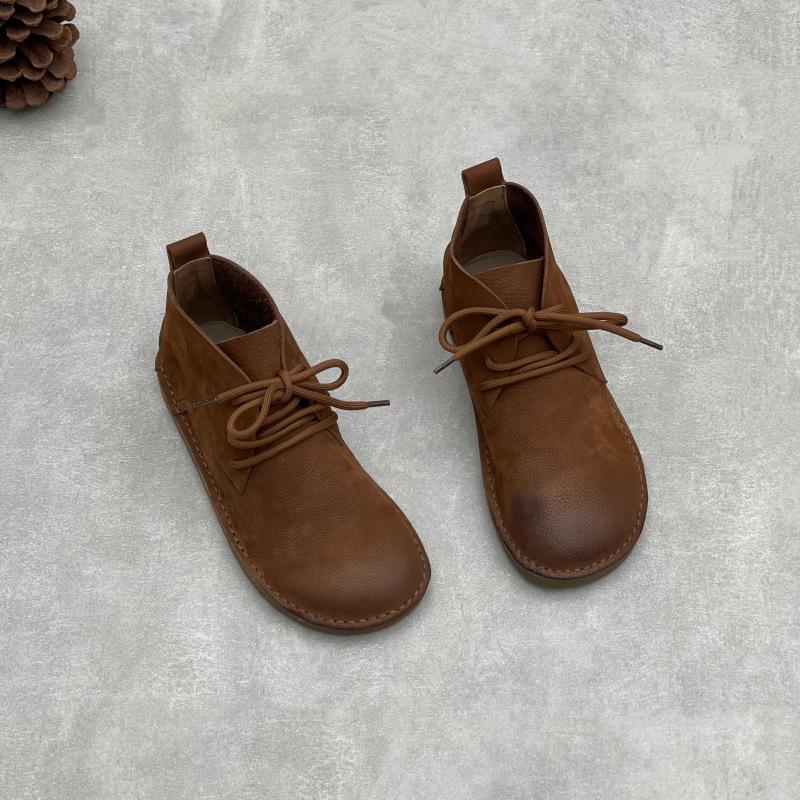 Johnature Genuine Leather Women's Shoes Soft Cowhide Round Toe Retro Soft Soled Lace-up Flat Short Boots