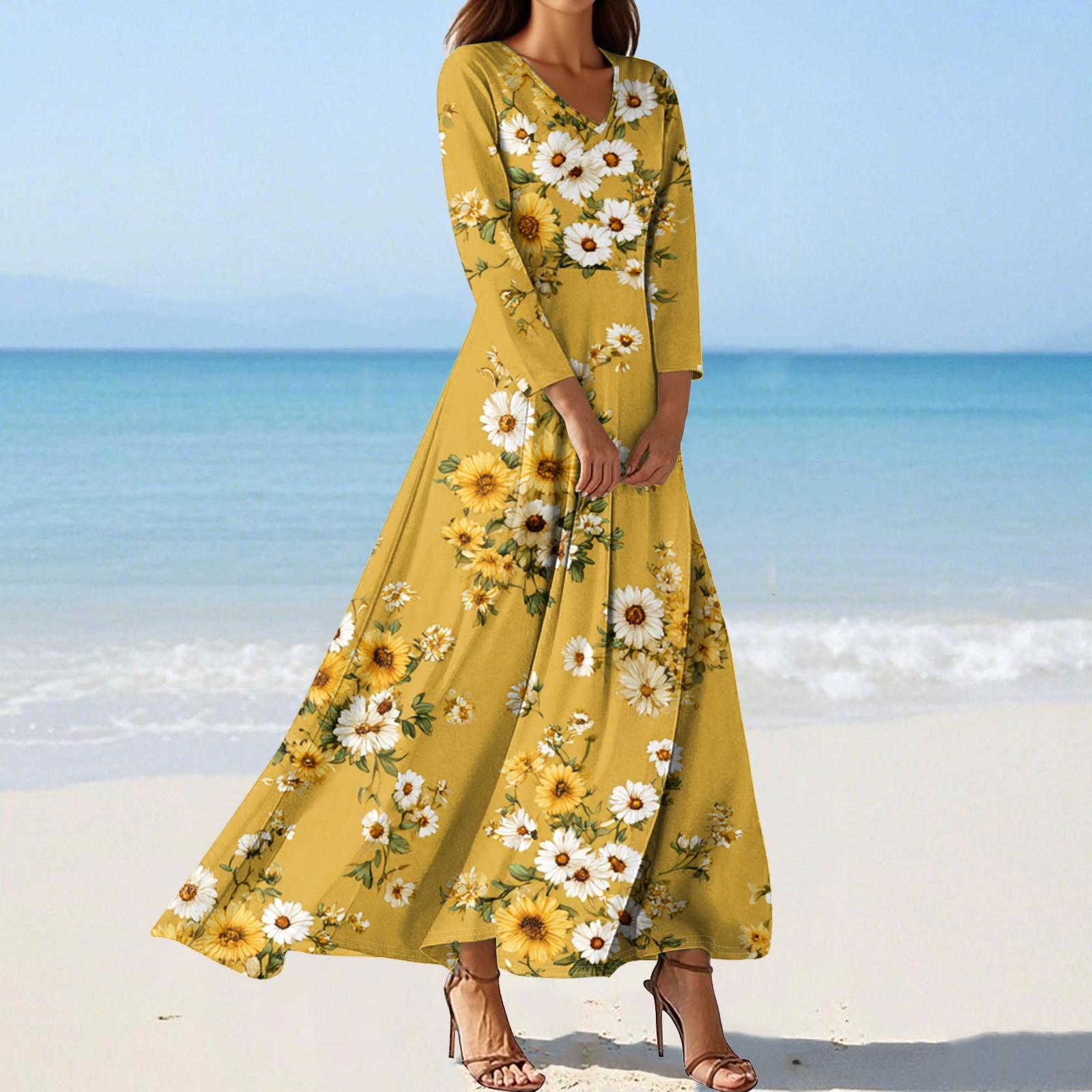 

Women s Fashion V-Neck Floating Beach Dresses Seven Sleeve Floral Printed Dresses XL жовтий