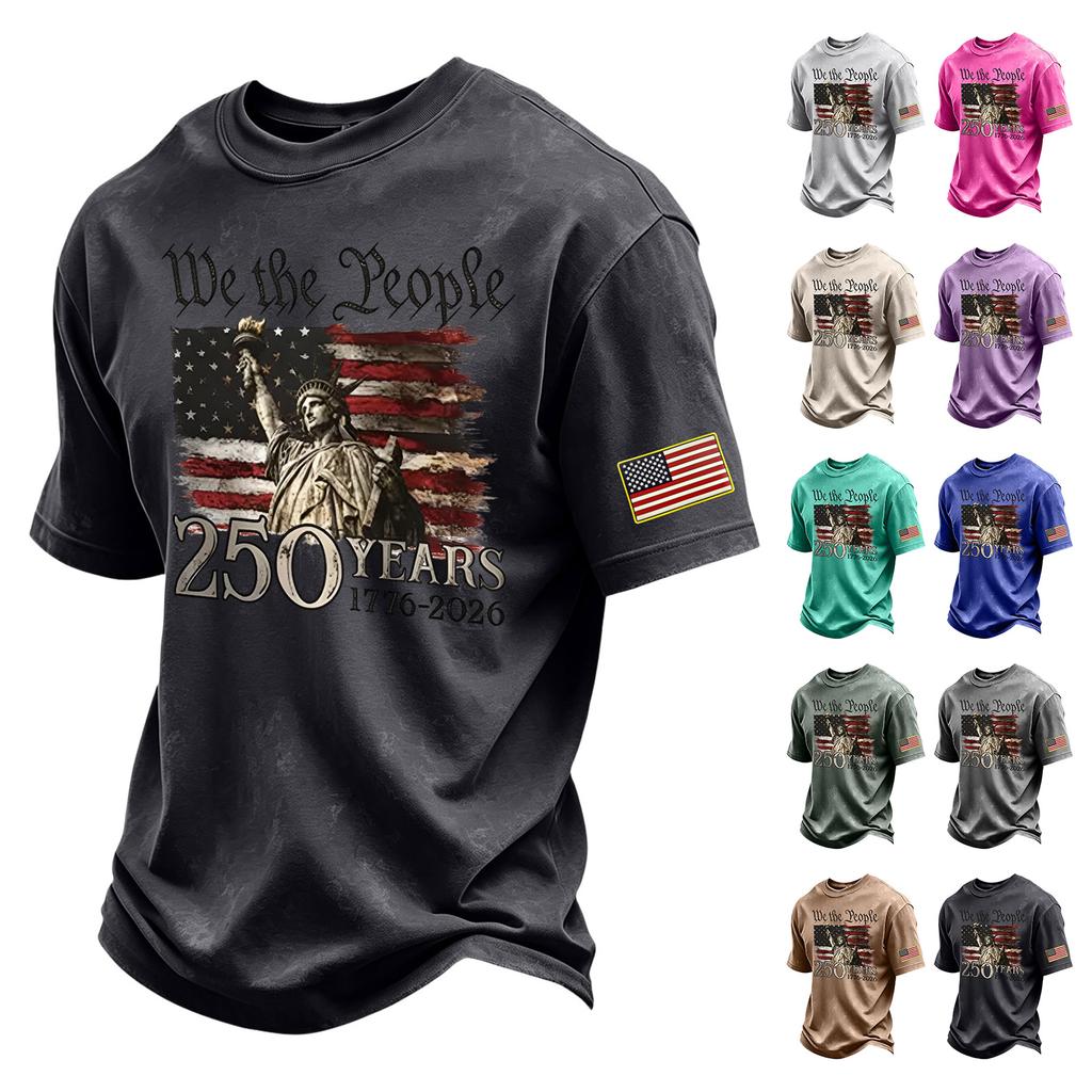 Men's Vintage Washed Crew Neck Short Sleeve T Shirt Independence Day Graphic Print 250 Years Commemorative Design Casual Fit