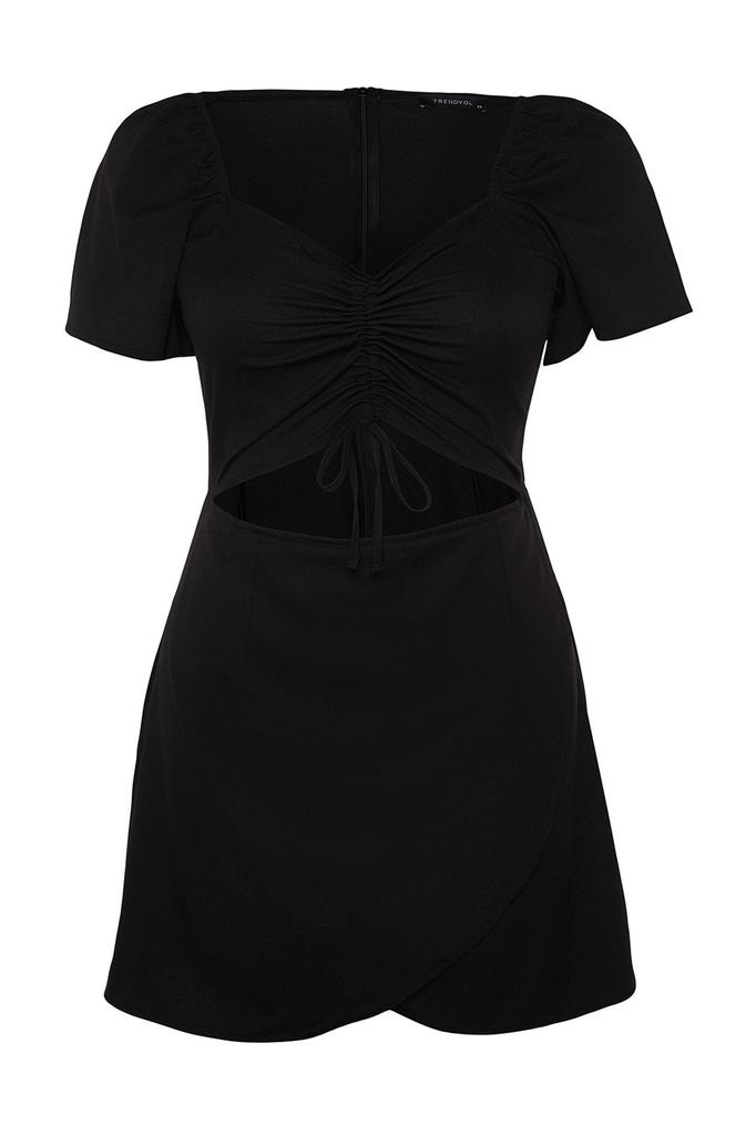 Women's Style Plus Size Black Woven Gathering and Cutout Detailed Dress