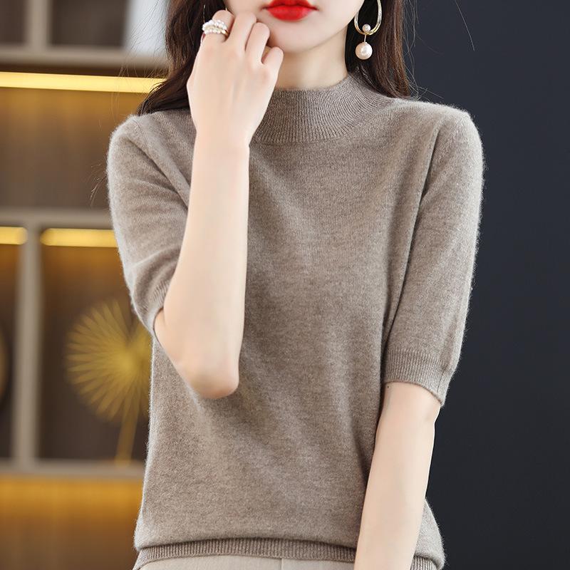 Women's Spring and Fall Half-high Neck Mid-sleeved Bottoming Shirt Knitted Five-minute Sleeve Thin Temperament Sweater
