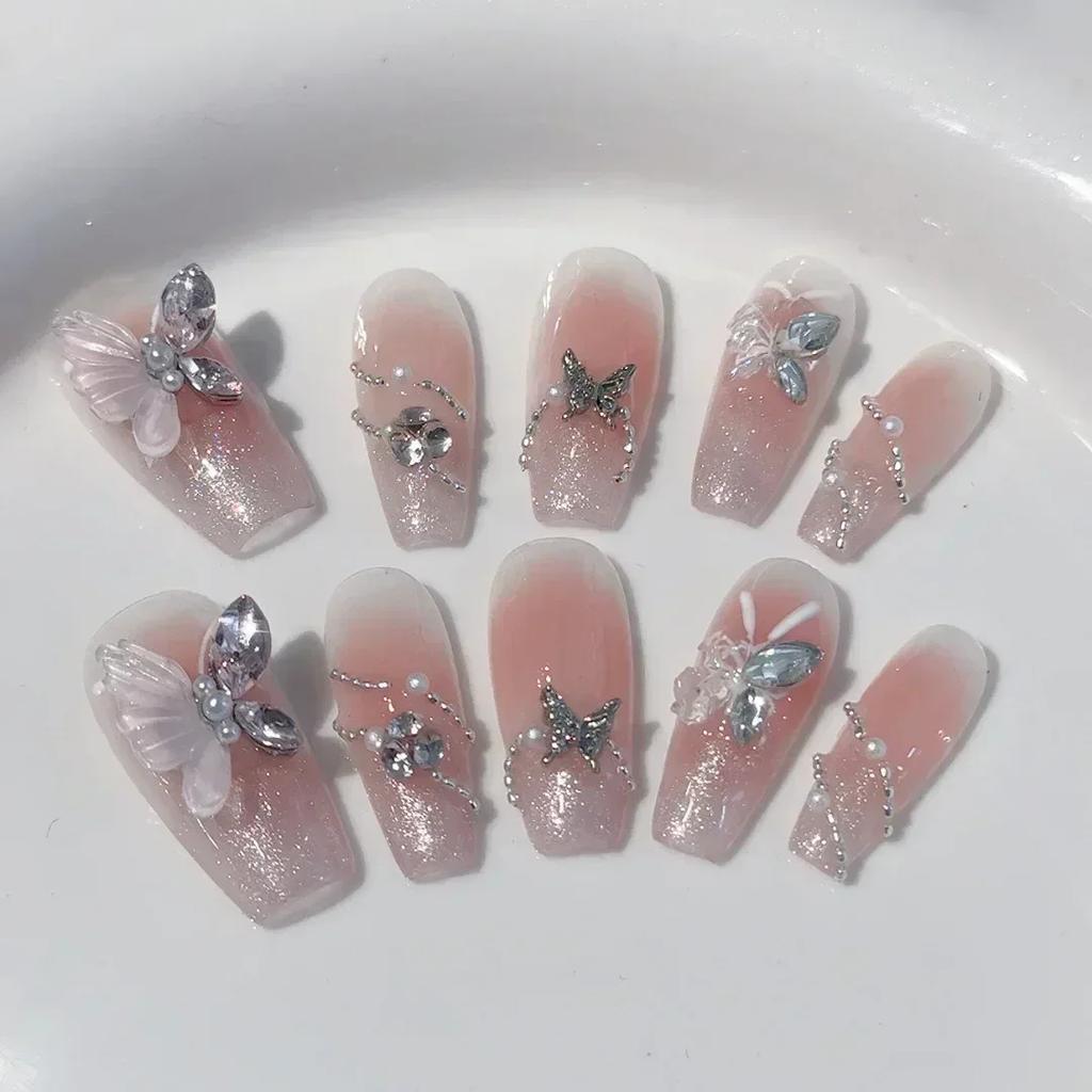 10Pcs Blue Handmade acrylic Nails Set Press on Professional Full Cover Nail Tips Manicure Angel Rose Design Wearable False Nails