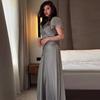 Elegant V-Neck Pleated Wrap Waist Solid Color Midi Dress Women 2026