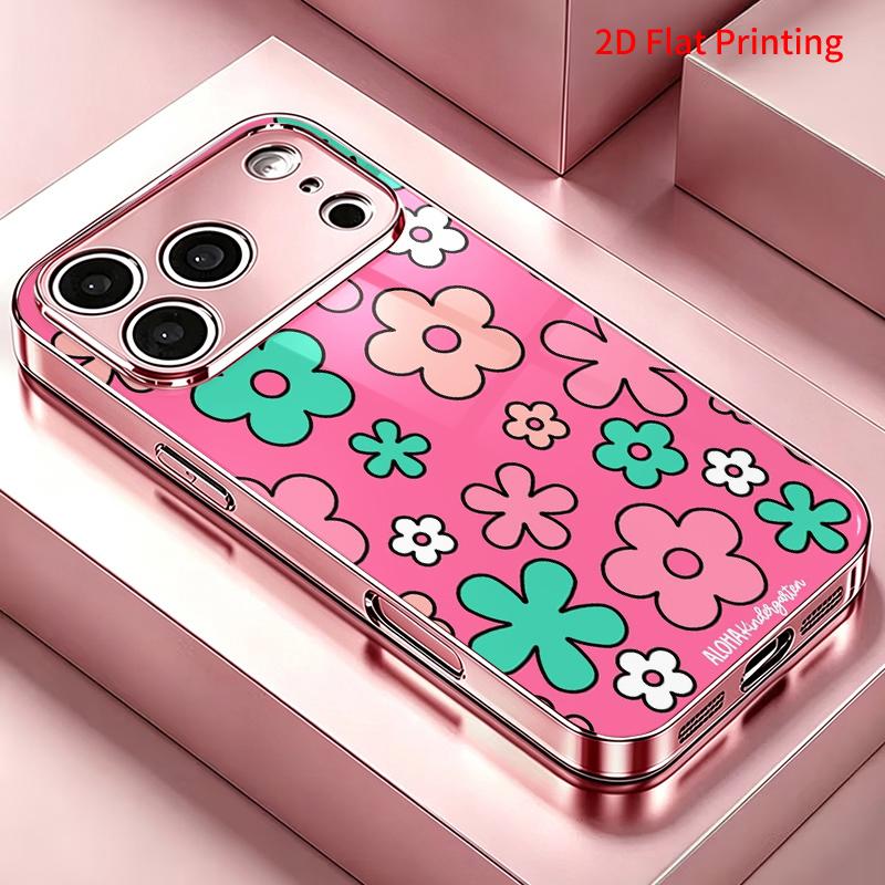 2DFlat electroplated tempered glass phone case,Pink Background with Teal,and Peach Flowers,suitable for iPhone 18 Pro Max 17 16 15 14 13 12 11