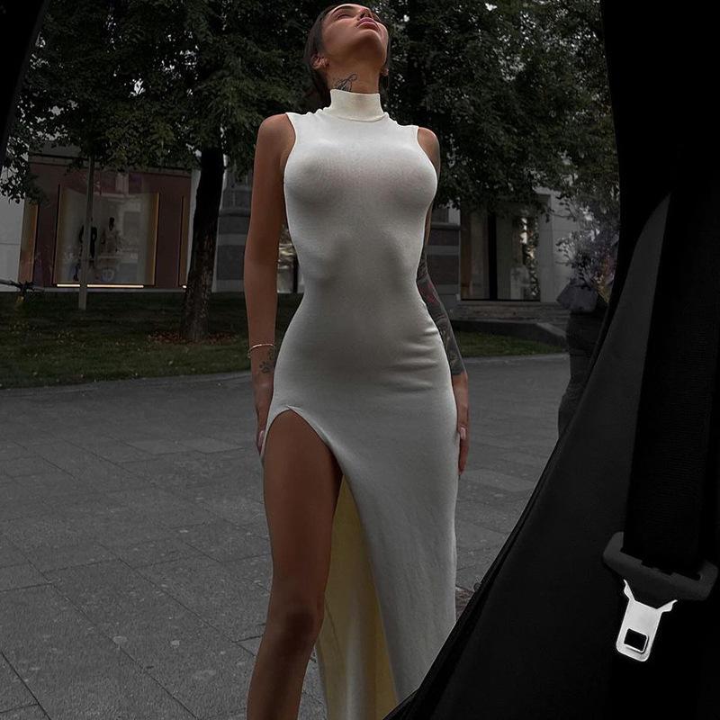 2025 Women's Fashion Round Neck Sleeveless Slim Fit Slit Midi Dress