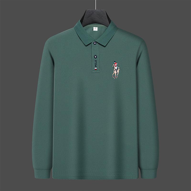 CHIC STUDIO Geborduurd heren poloshirt effen kleur herfst nieuwe revers middelbare leeftijd mensen lange mouw t-shirt XXL