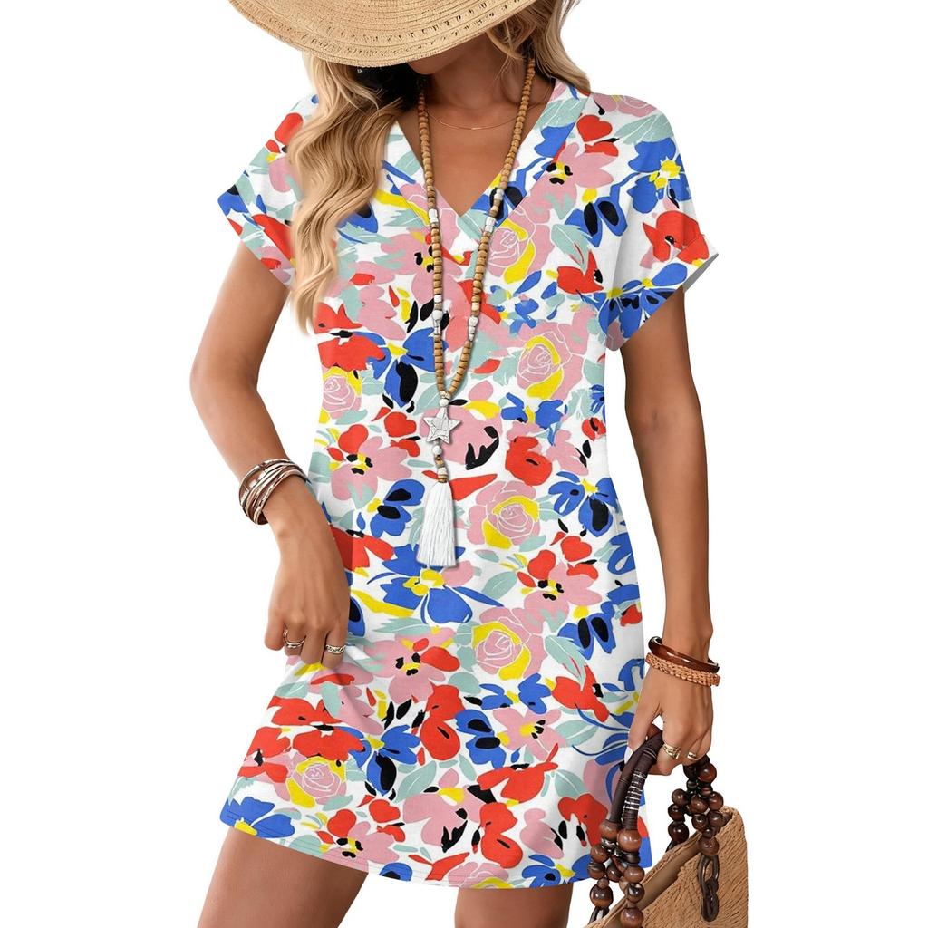 Short Sleeve Women's Dress Casual Dresses With Pockets V Neck Vocation Boho Beach Sundress