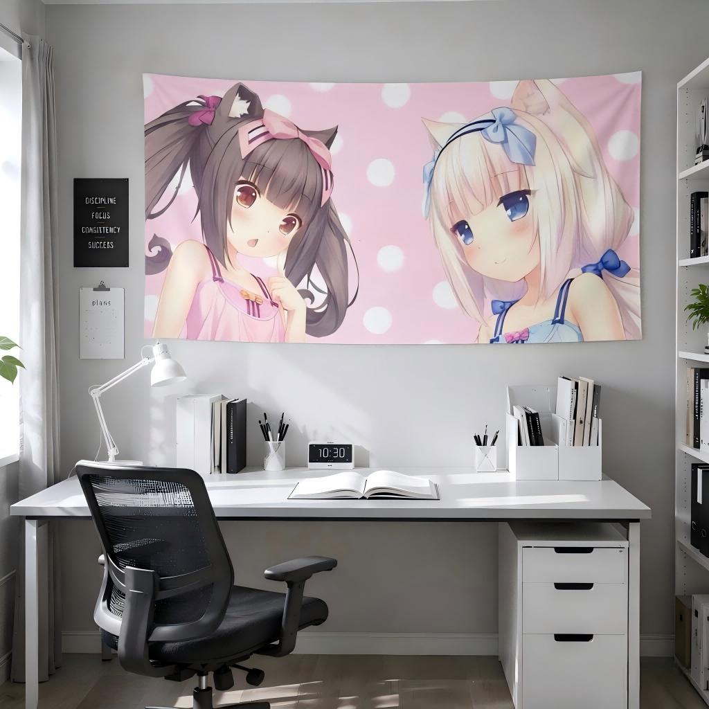 1pc Nekopara Chocola & Vanilla Anime Tapestry, Cute Cat Girls Wall Hanging, Pastel Pink Blue Aesthetic Decor for Bedroom Dorm