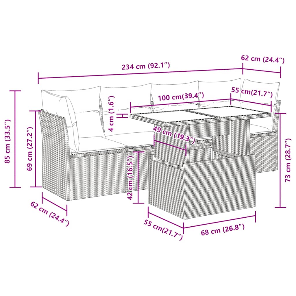 5 Piece Garden Sofa Set with Cushions Brown Poly Rattan