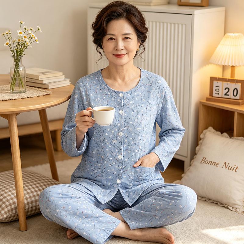 Retro elegant light green temperament middle-aged and elderly grandma round neck imitation cotton pajamas loungewear long sleeves trousers set