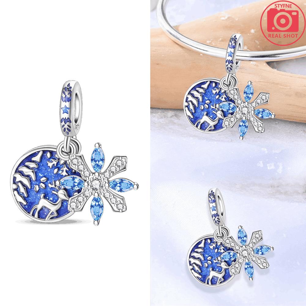 Authentic copper Blue Snowflake Bow Pendant Romantic Star Shape Glass Heart Bead Charms Compatible With Bracelets Diy Jewellery Gift Accessory Making