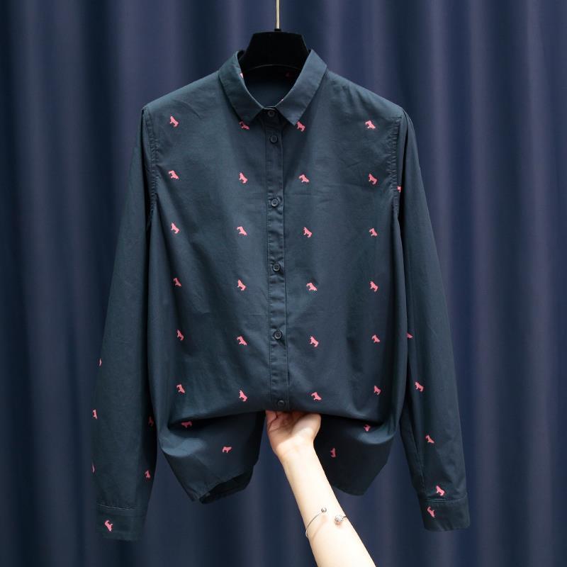 

Осенняя зеленая хлопковая рубашка с длинным рукавом Осенняя новая женская модная рубашка Топ в европейском стиле XXXL темно-синий