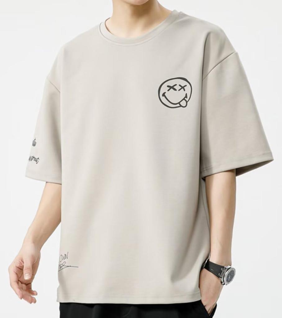 [Bligo] Men's 5/8 Sleeve T-Shirt, Plus Sizes, Round Neck, Smiley Logo, Relaxed Fit, Plain, Spring/Autumn, Casual, Short Sleeve T-Shirt, Stylish, Simpl