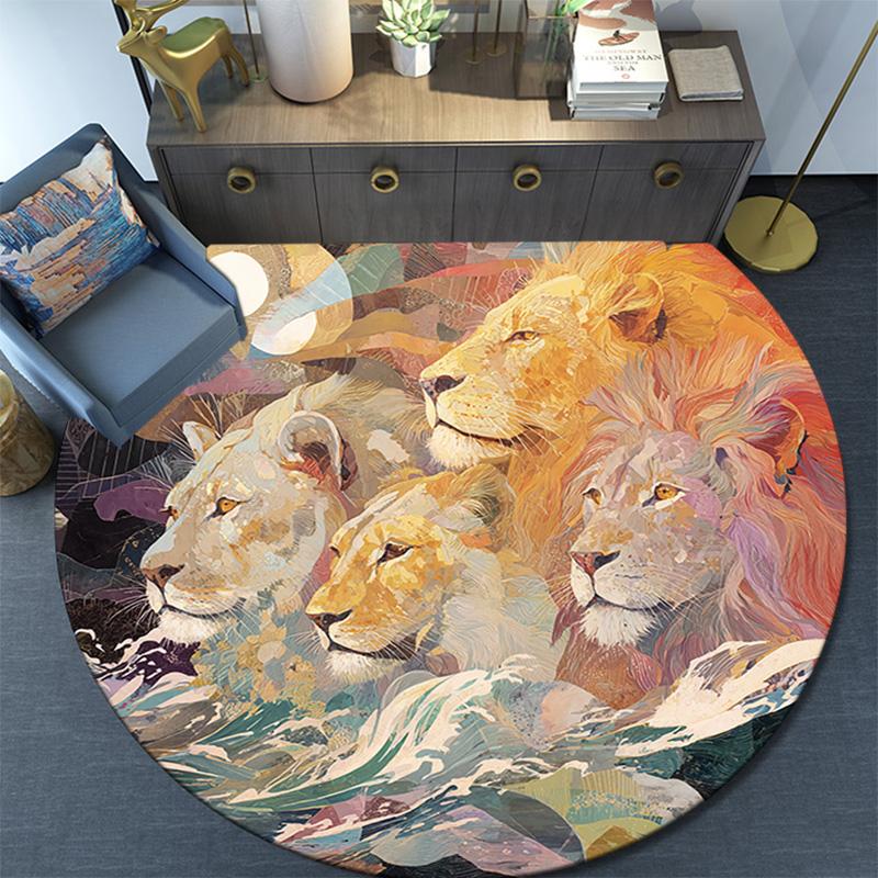 Lion Round Area Rug,Carpet Rug for Living Room Bedroom Sofa Playroom Decor,Non-slip Floor Mat