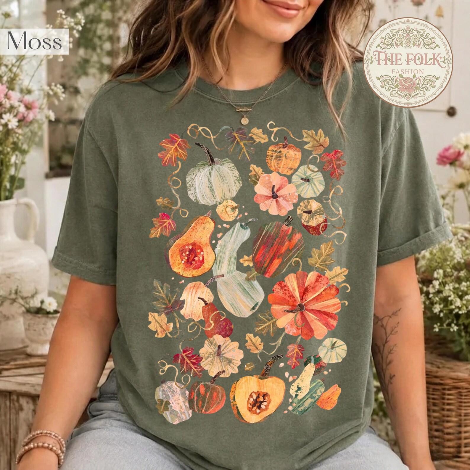 Vintage Pumpkin Shirt, Autumn Fall Leaves Tee, Cottagecore Thanksgiving T-shirt, Comfort Colors Halloween T-shirt, Fall Vibes Retro Shirt L
