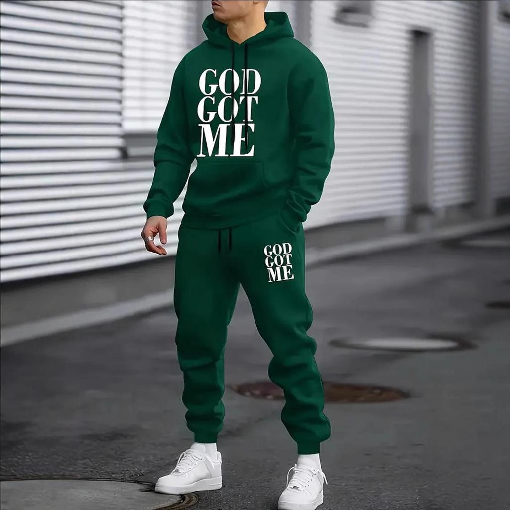 Unisex Trendy Letter Fleece Sweatshirt Set - Long Sleeve, Hooded, for Autumn & Winter