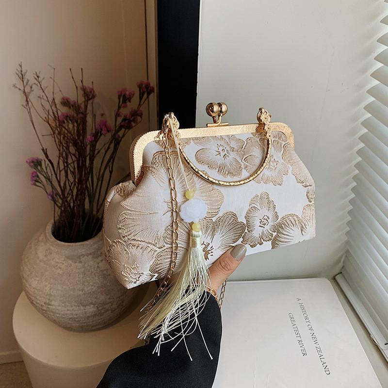 Chic Shell Silk 2024 Summer New Stylish Literary National Style Chain Shoulder Crossbody Handbag белый