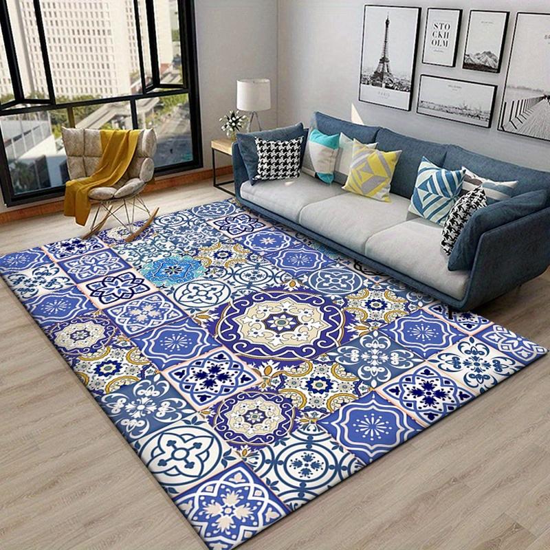 

Elegant Grace Pattern Non-Slip Area Rug - Floor mat Crystal Velvet, Blue & Beige Floral Design, Soft Polyester Floor Mat for Liv 50x80cm